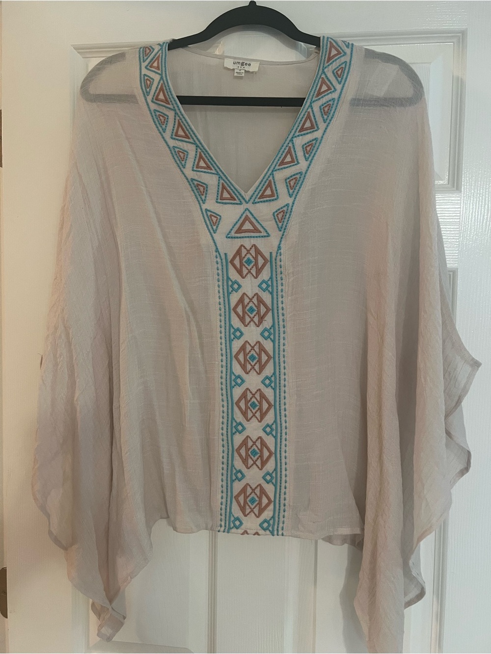 Umgee Cream Tunic with Turquoise & Brown Embroidered V-Neck